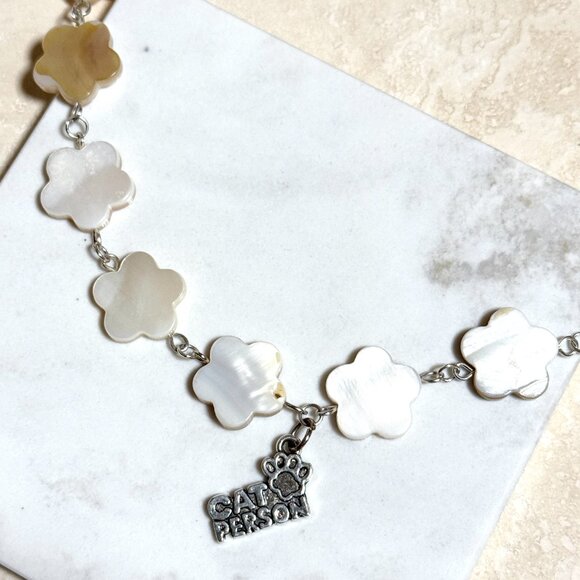 Mother of Pearl Flower Beaded Short Necklace + Cat Person Paw Print Pendant - Picture 6 of 13
